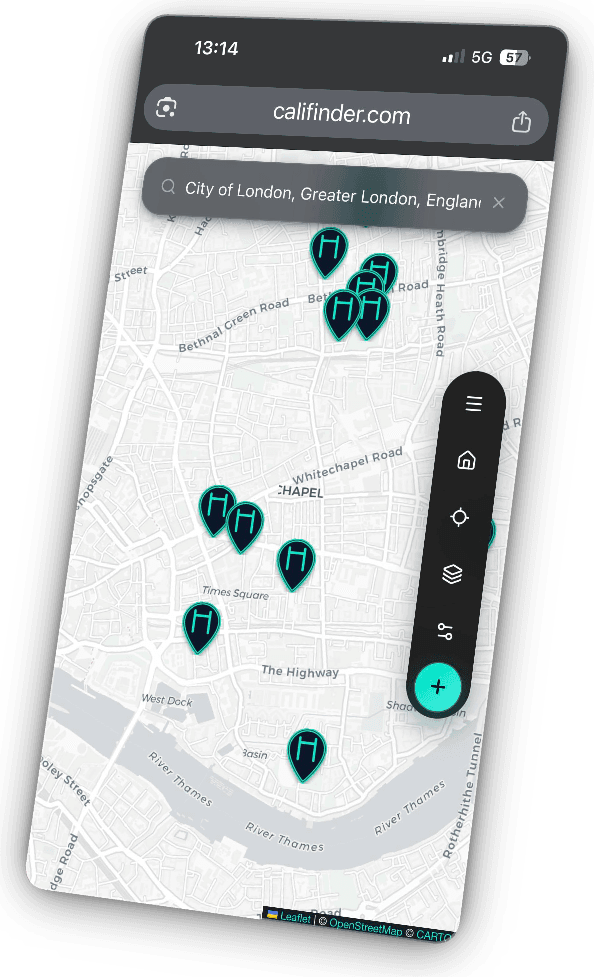 CaliFinder app showing calisthenics spots across a city map